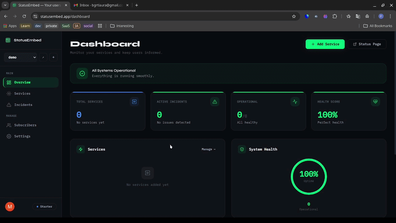 StatusEmbed demo — from operational to incident notification